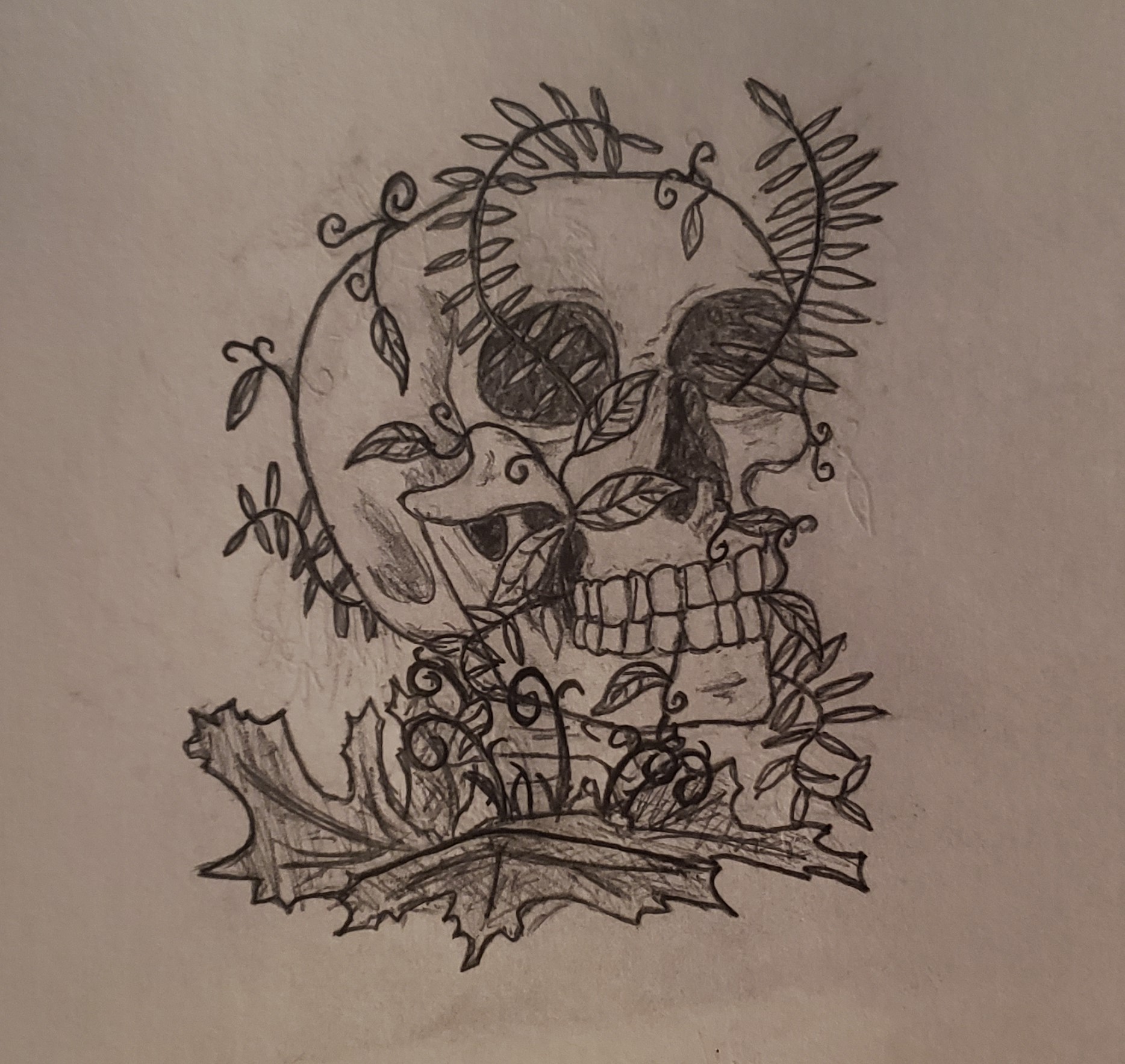 A pencil drawing of a skull with a large array of plants around it